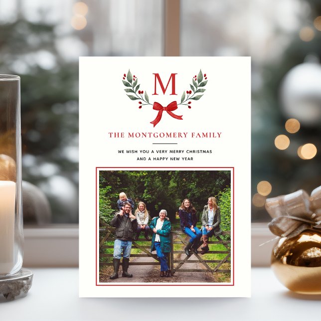 Elegant Green and White Watercolor Holly Greenery Holiday Card (Creator Uploaded)