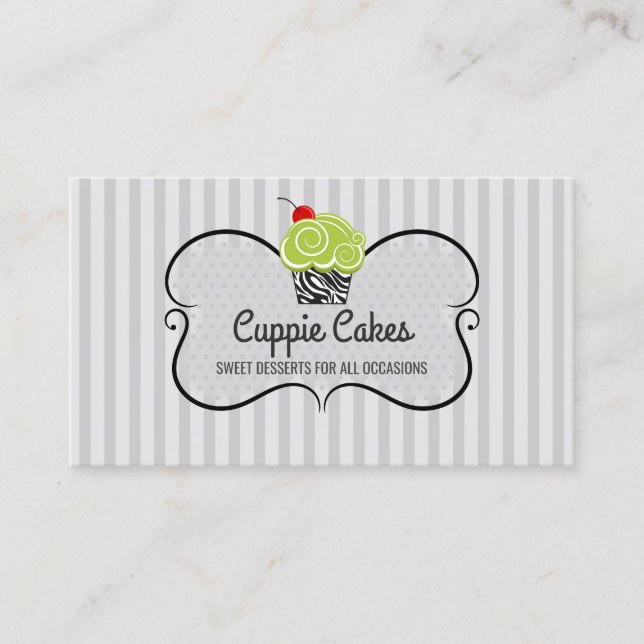 Elegant Green and Zebra Pattern Cupcake Baking Business Card (Front)
