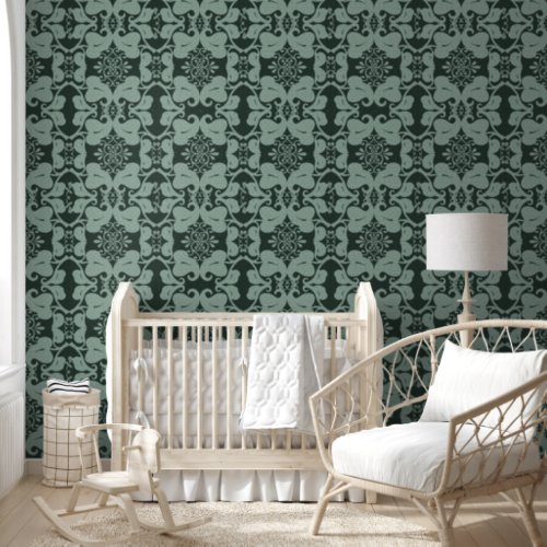 Elegant Green Antique Scroll Pattern Wallpaper