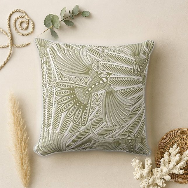 Elegant Green Art Deco Birds Pattern Throw Pillow (Creator Uploaded)