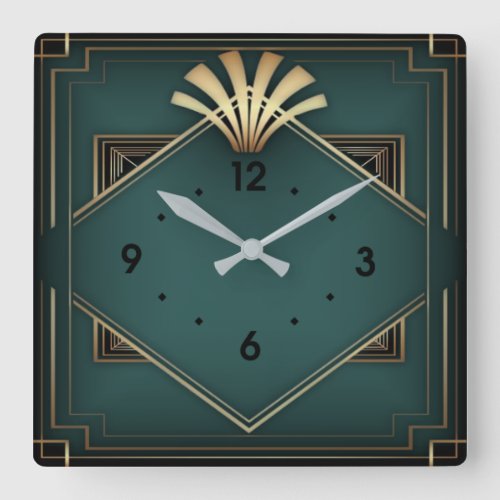 Elegant green Art Deco Square Wall Clock