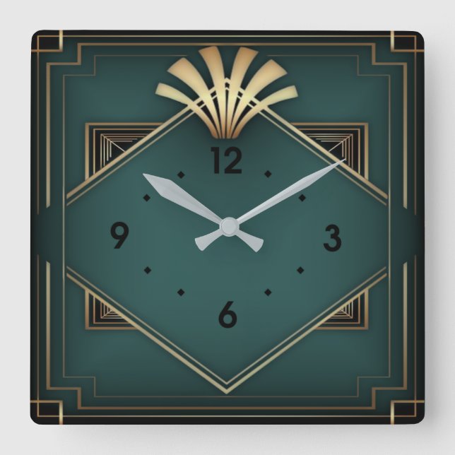 Elegant green Art Deco Square Wall Clock (Front)