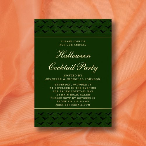 Elegant Green Bats Halloween Cocktail Party Gold Foil Invitation