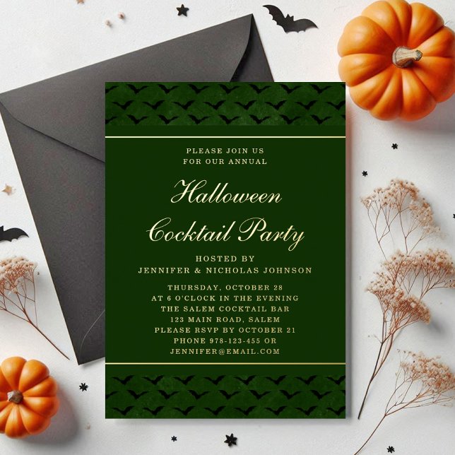 Elegant Green Bats Halloween Cocktail Party Gold Foil Invitation (Elegant Green Bats Halloween Cocktail Party Gold Foil Invitation)
