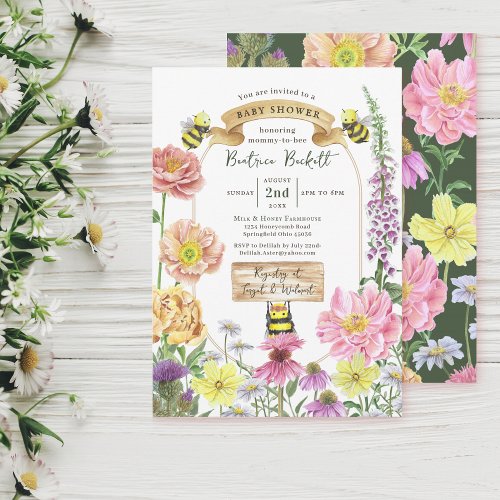 Elegant Green Bee and Wildflower Baby Shower Invitation