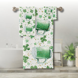 Elegant Green Beer Mugs and Shamrocks White Bath Towel Set