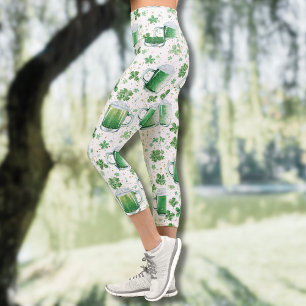 Elegant Green Beer Mugs and Shamrocks White Capri Leggings