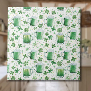 Elegant Green Beer Mugs and Shamrocks White Ceramic Tile