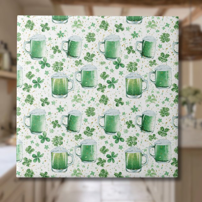 Elegant Green Beer Mugs and Shamrocks White Ceramic Tile (Creator Uploaded)
