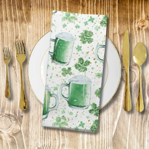 Elegant Green Beer Mugs and Shamrocks White Cloth Napkin
