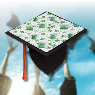 Elegant Green Beer Mugs and Shamrocks White Graduation Cap Topper