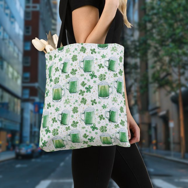 Elegant Green Beer Mugs and Shamrocks White Tote Bag (Creator Uploaded)