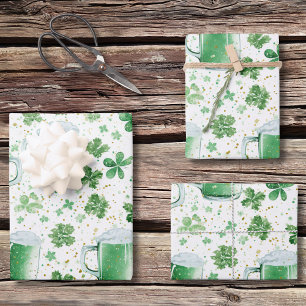 Elegant Green Beer Mugs and Shamrocks White Wrapping Paper Sheets