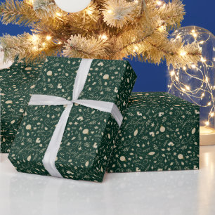 Elegant Green & Beige Christmas Element Monogram Wrapping Paper