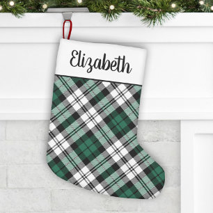 Elegant Green Black and White Tartan Plaid Name Small Christmas Stocking