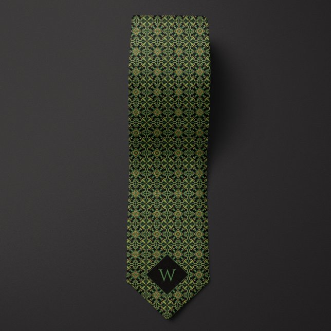 Elegant Green & Black Arabesque Monogram Neck Tie (Creator Uploaded)