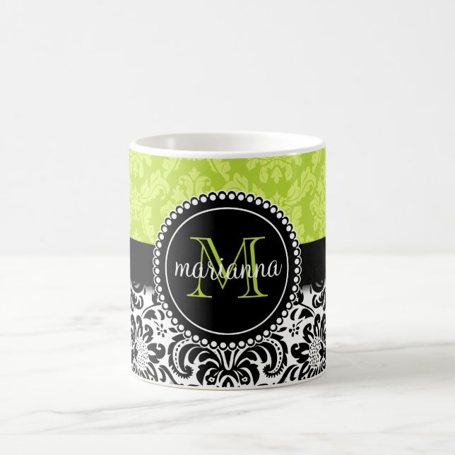 Elegant Green Black Damask Personalized Coffee Mug (Center)