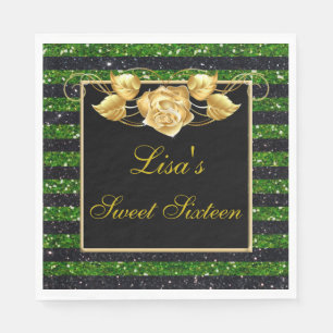 Elegant Green Black Glitter Gold Rose Sweet 16 Napkins