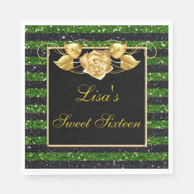 Elegant Green Black Glitter Gold Rose Sweet 16 Napkins (Front)