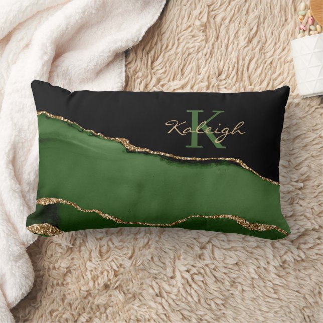 Elegant Green Black Glittery Gold Marble Monogram Lumbar Pillow (Blanket)