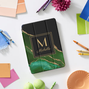 Elegant Green Black Gold Marble Monogram iPad Pro Cover