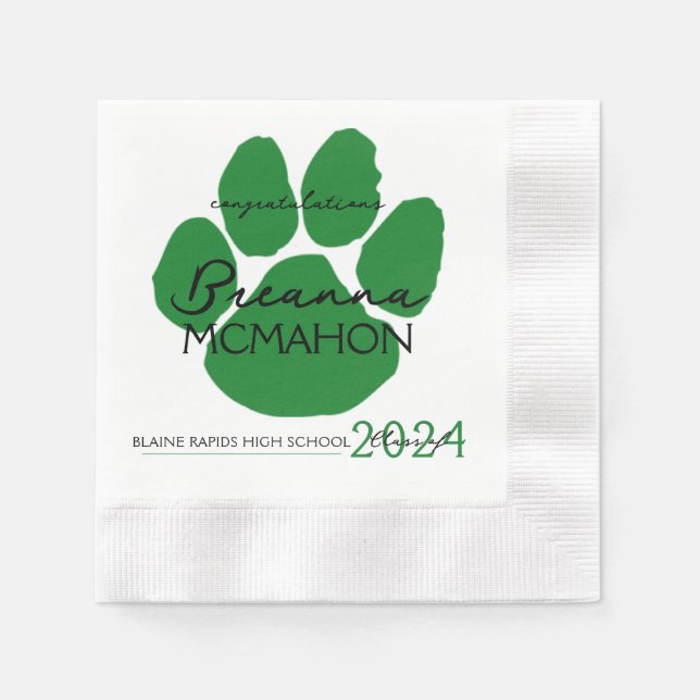 Elegant Green & Black Graduation Pawprint Paper Napkins (Front)