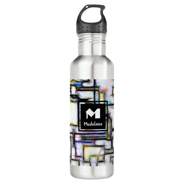 Elegant Green Black Modern Square Trendy Monogram Stainless Steel Water Bottle (Front)