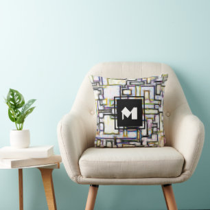 Elegant Green Black Modern Square Trendy Monogram Throw Pillow