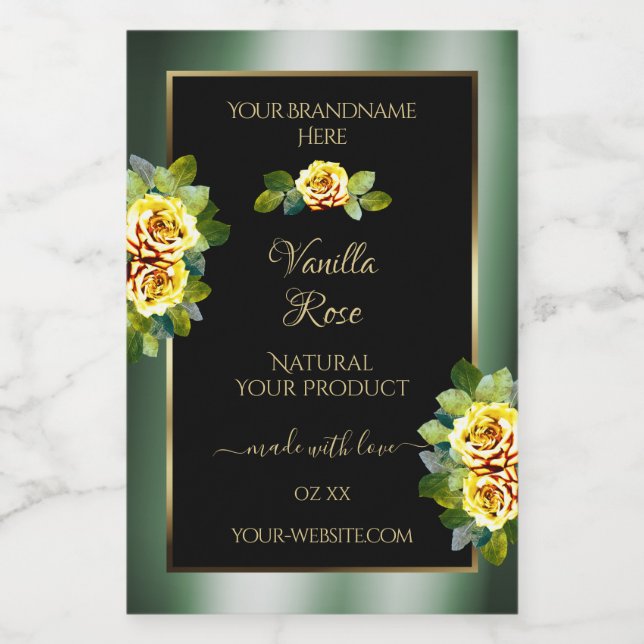 Elegant Green Black Product Labels Yellow Roses (Single Label)