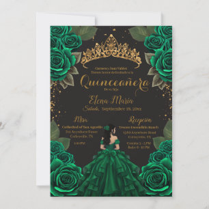 Elegant Green Black Quinceañera Roses Gold Glitter Invitation