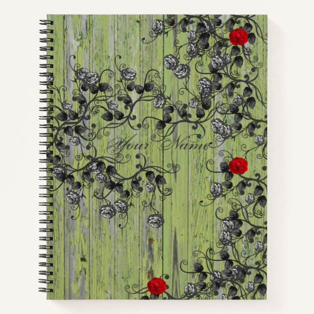 Elegant Green Black Vintage Floral  Notebook (Front)