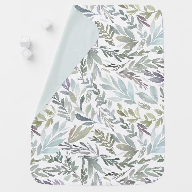 Elegant Green Blue Botanical Watercolor Baby Blanket (In Situ)