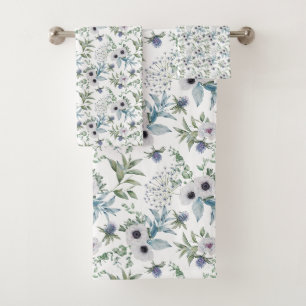 Elegant Green Blue Botanical Watercolor Bath Towel Set
