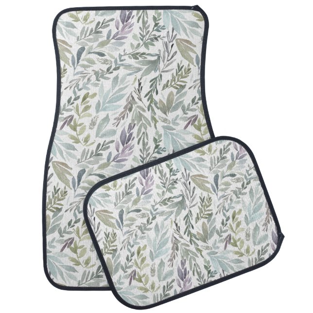 Elegant Green Blue Botanical Watercolor Car Floor Mat (Set)