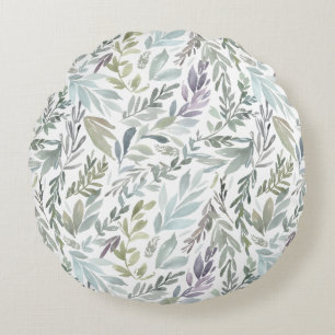 Elegant Green Blue Botanical Watercolor Round Pillow