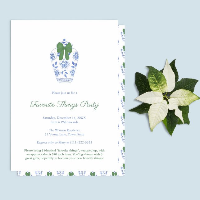 Elegant Green Blue Holidays Favorite Things Party Invitation (Elegant "Favorite Things" Christmas Holidays Party featuring blue & white ginger jar with green bow)