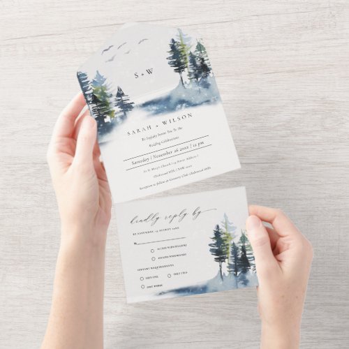 Elegant Green Blue Pine Woods Forest Birds Wedding All In One Invitation