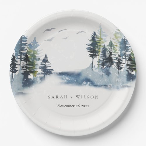 Elegant Green Blue Pine Woods Forest Birds Wedding Paper Plates