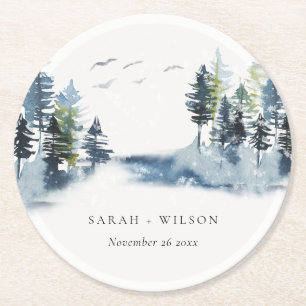 Elegant Green Blue Pine Woods Forest Birds Wedding Round Paper Coaster