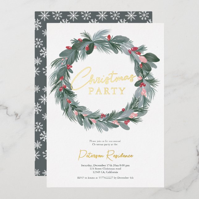 Elegant green blue red floral Christmas wreath Foil Invitation (Front/Back)