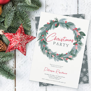 Elegant green blue red floral Christmas wreath Invitation