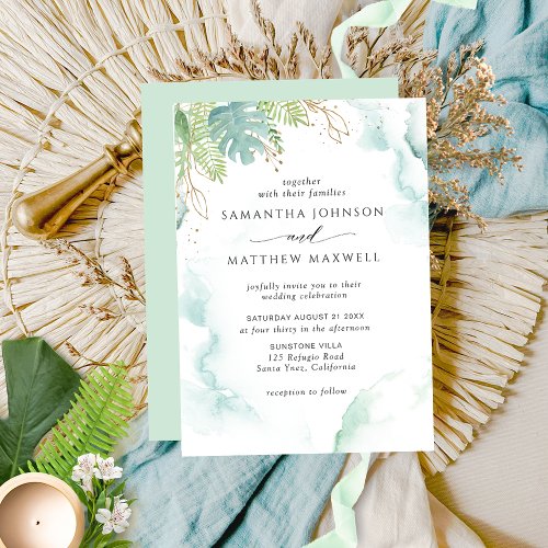 Elegant Green Blue Watercolor Greenery Wedding Invitation