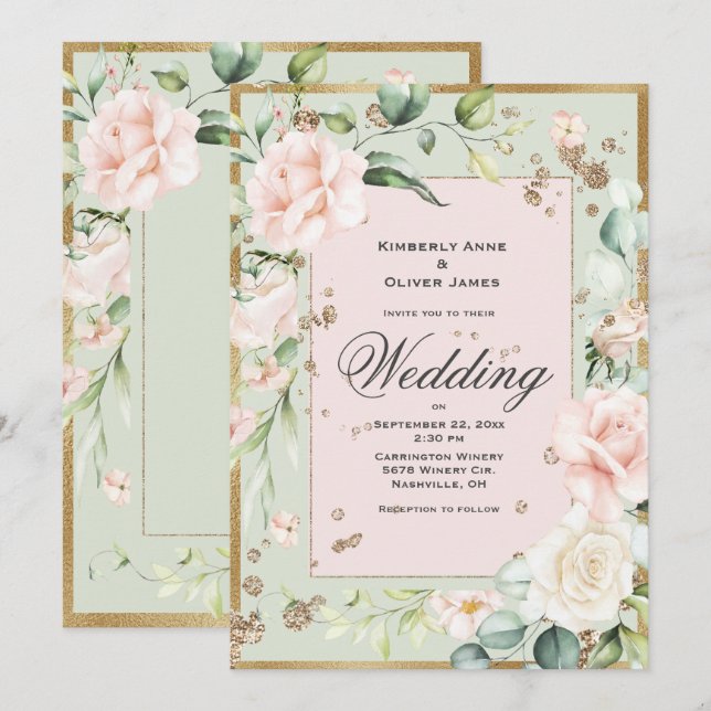Elegant Green Blush Floral Wedding Invitation (Front/Back)