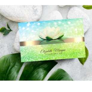 Elegant Green Bokeh Gold, Lotus Flower Yoga  Business Card