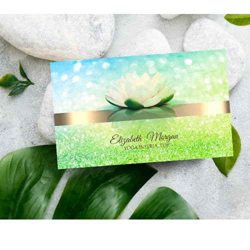 Elegant Green Bokeh Gold Lotus Flower Yoga  Business Card