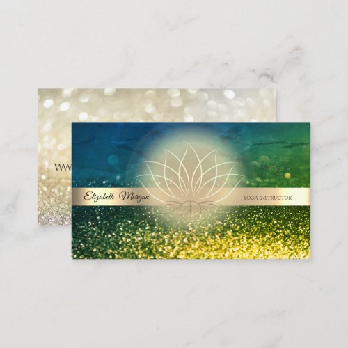 Elegant Green Bokeh Gold Lotus  Yoga Instructor Business Card