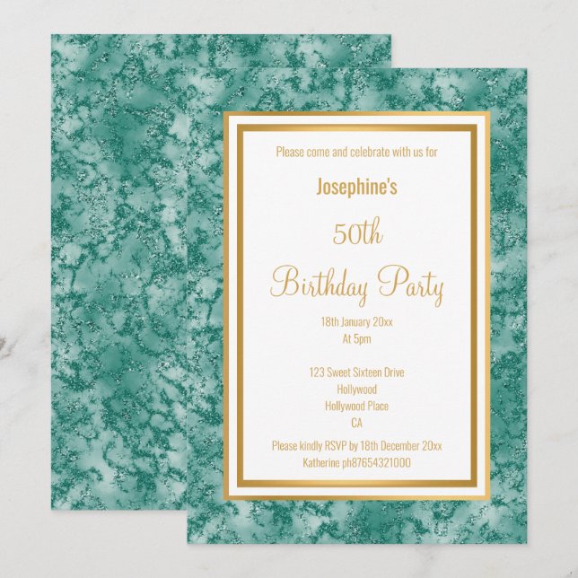 ELEGANT GREEN BORDER MARBLE  BIRTHDAY  INVITATION (Front/Back)