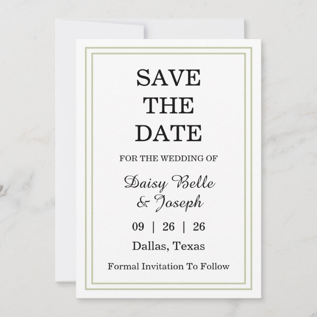 Elegant Green Border   Save The Date (Front)