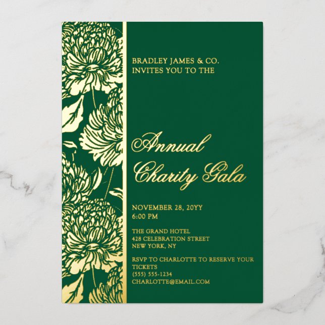 Elegant Green Botanical Charity Event Gala Party Foil Invitation (Front)