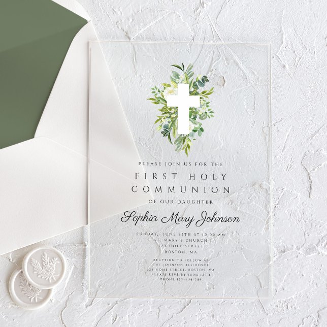 Elegant Green Botanical Cross First Communion Acrylic Invitations (Elegant Green Botanical Cross First Communion Acrylic Invitations)